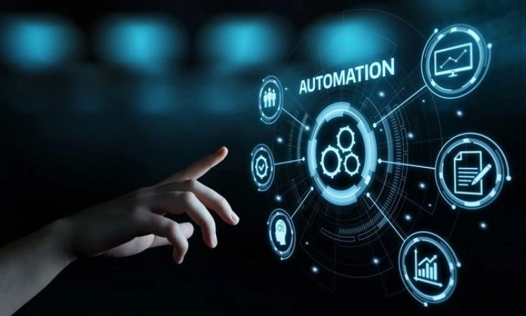 A human hand reaching towards a glowing futuristic holographic interface displaying 'AUTOMATION' at the center, surrounded by AI and business icons including gears, a document, bar charts, a monitor, and people, representing the integration of AI into business workflows.