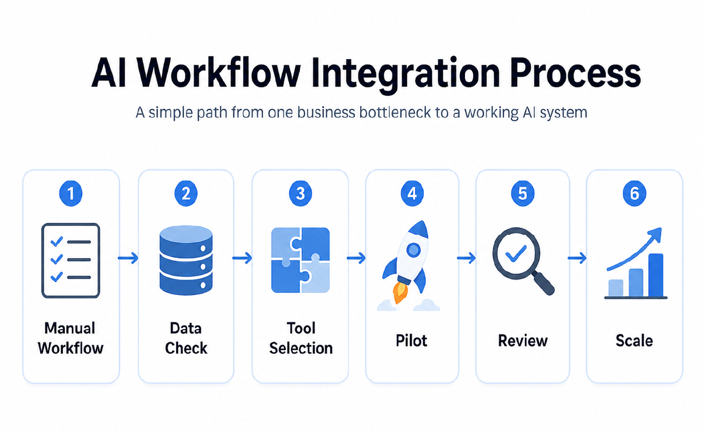 AI content creation workflow diagram showing six steps: Strategy & Planning, AI Draft Generation, Human Edit & Enhancement, Fact Check & Accuracy Review, SEO & Readability Optimization, and Final Review & Publish — emphasizing the balance between AI speed and human expertise.