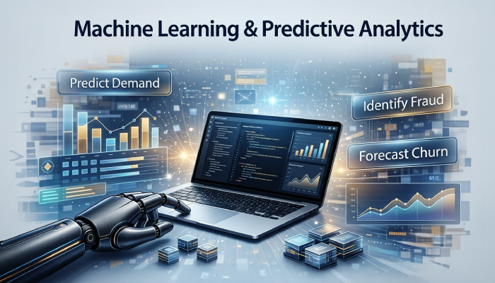 Machine Learning and Predictive Analytics concepts showing three key applications: Predict Demand, Identify Fraud, and Forecast Churn.