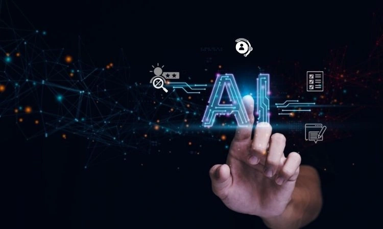 A digital illustration of a hand reaching out to touch a glowing, circuit-style "AI" logo. The background features a dark, interconnected neural network with floating icons representing search, user profiles, checklists, and data management.