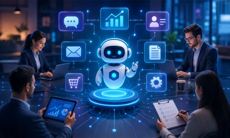A glowing AI robot hologram sits at a business meeting table surrounded by digital task icons and professionals working on laptops.