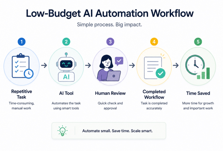 An infographic titled "Low-Budget AI Automation Workflow" showing a 5-step process: 1. Repetitive Task (manual work), 2. AI Tool (automation), 3. Human Review (quick check), 4. Completed Workflow (accurate completion), and 5. Time Saved (focus on growth).