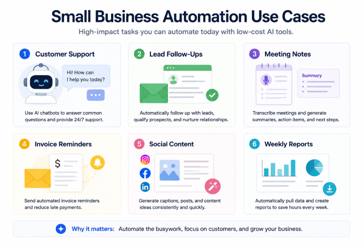 An infographic titled "Small Business Automation Use Cases" showcasing six tasks to automate: 1. Customer Support (chatbots), 2. Lead Follow-Ups, 3. Meeting Notes (summaries), 4. Invoice Reminders, 5. Social Content (captions and ideas), and 6. Weekly Reports (data pulls).